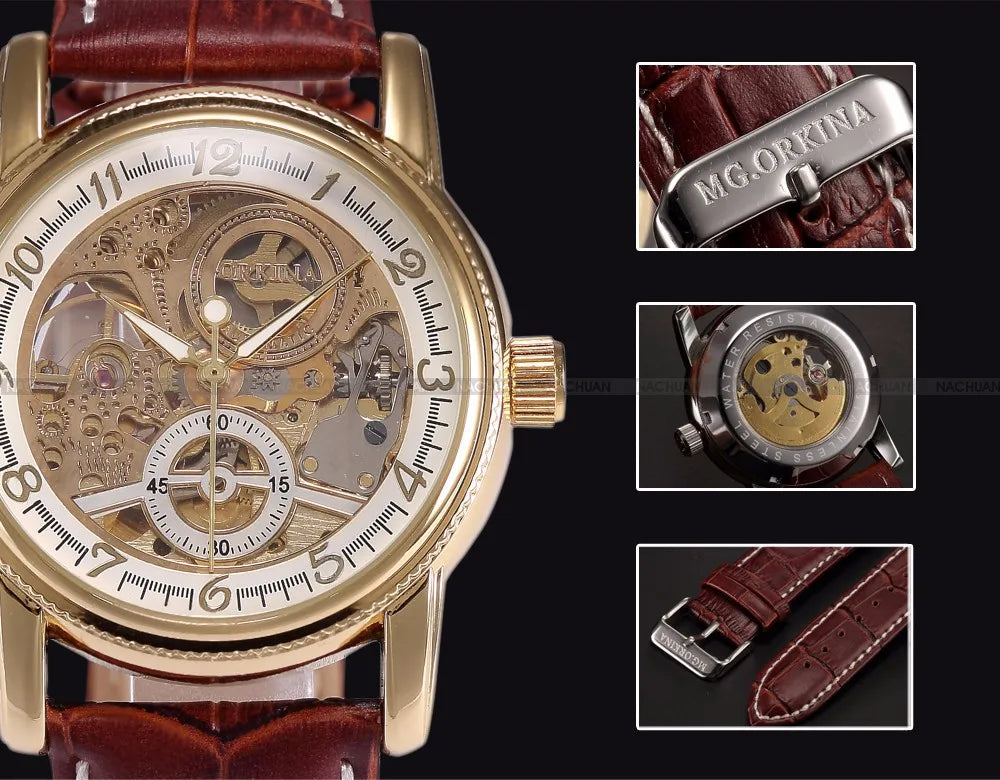 Men Wrist Watches Luxury Golden Skeleton Mechanical Steampunk Male Clock Automatic Wristwatch Leather Strap Herren Horloges