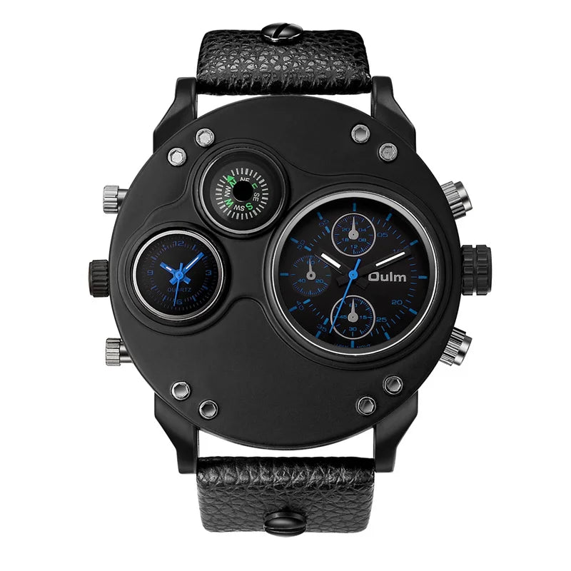 Oulm New Fashion Casual Sport Men's Watches Black Leather Dual Time Zone Wristwatch Male Quartz Big Size Luxury Military Watch