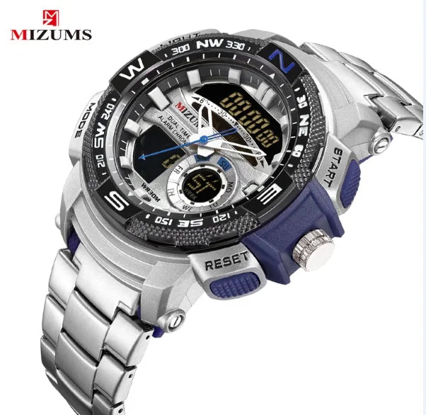 MIZUMS Military Wrist Watches LED Digital Sport Watch Men Gold Stainless Steel Dual Display Quartz Clock Man Relogio Masculino