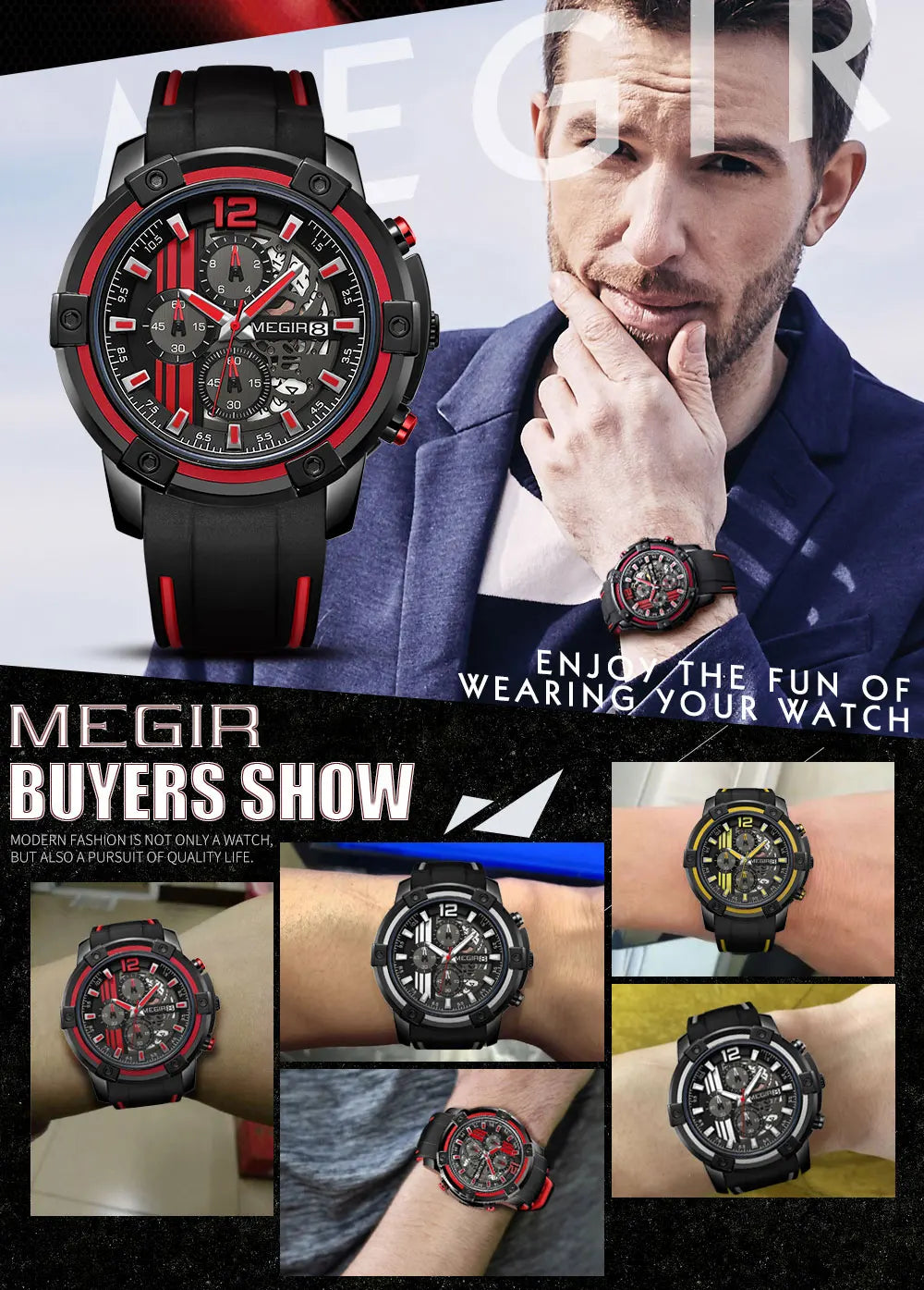 Megir Men's Sports Quartz Watches Army Military Chronograph Wristwatch for Man Luminous Relogios Masculino Clock 2097 Black Red