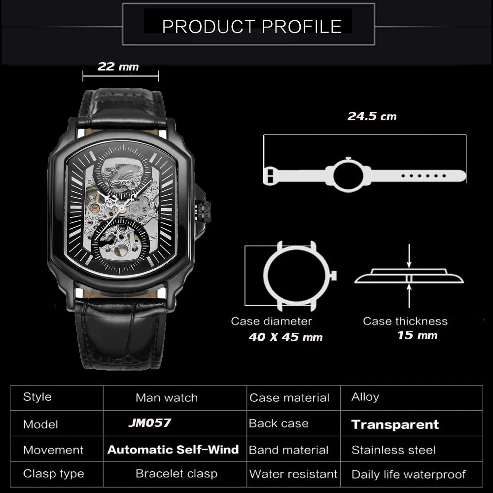 Luxury Mens Watches Tonneau Silver Transparent Skeleton Watch for Men Mechanical Hollow Out Wristwatches Stainless Steel Strap