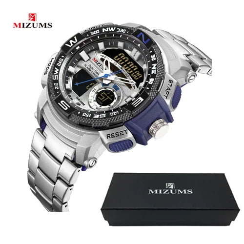 MIZUMS Military Wrist Watches LED Digital Sport Watch Men Gold Stainless Steel Dual Display Quartz Clock Man Relogio Masculino