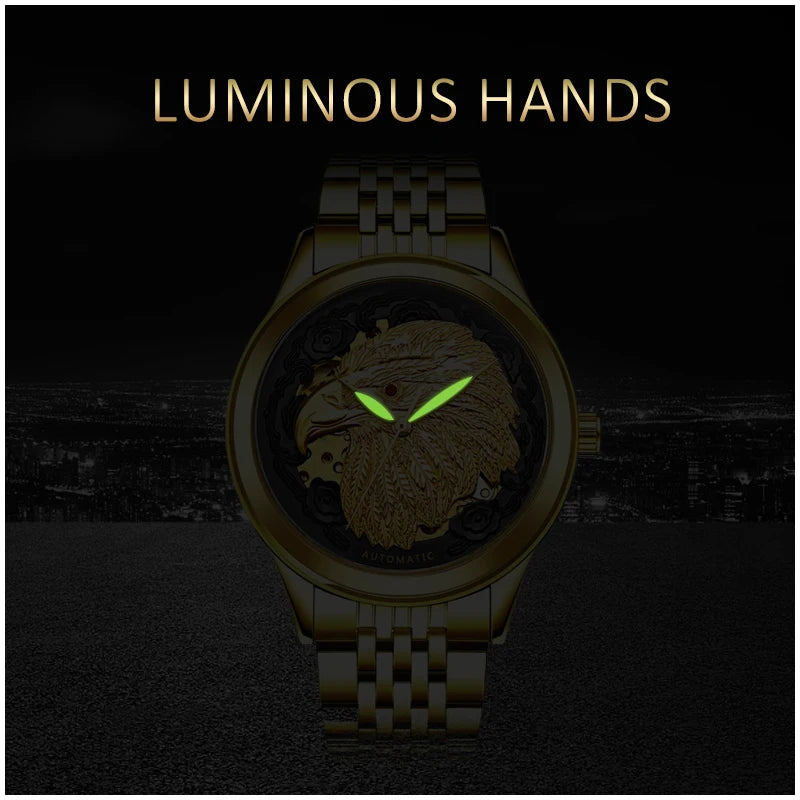 Carve Eagle Dial Men's Automatic Mechanical Watches Luxury Brand Full Stainless Steel Skeleton Watch Male Business Wristwatch