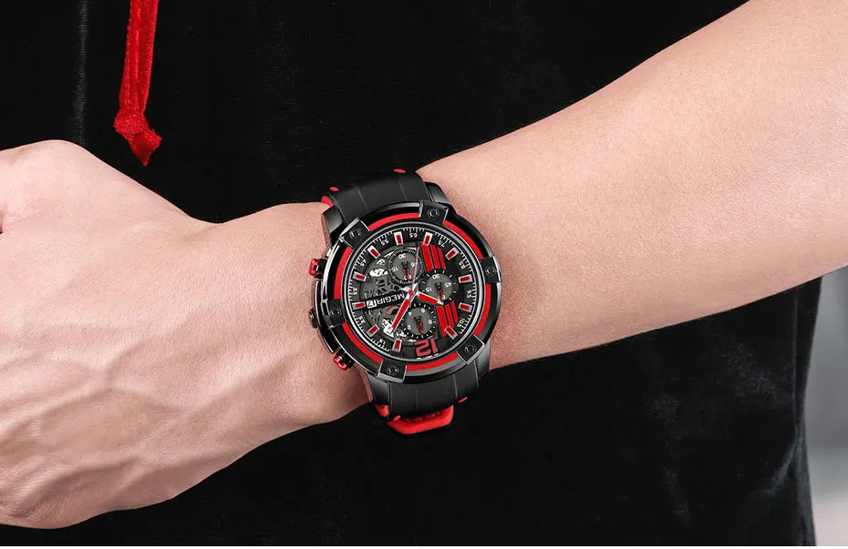 Megir Men's Sports Quartz Watches Army Military Chronograph Wristwatch for Man Luminous Relogios Masculino Clock 2097 Black Red