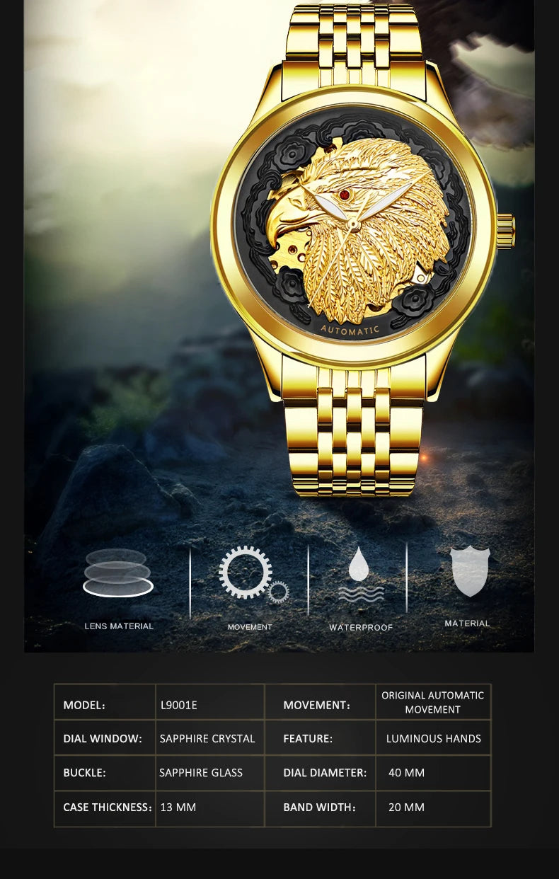 Carve Eagle Dial Men's Automatic Mechanical Watches Luxury Brand Full Stainless Steel Skeleton Watch Male Business Wristwatch