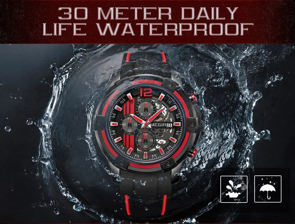 Megir Men's Sports Quartz Watches Army Military Chronograph Wristwatch for Man Luminous Relogios Masculino Clock 2097 Black Red