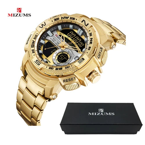 MIZUMS Military Wrist Watches LED Digital Sport Watch Men Gold Stainless Steel Dual Display Quartz Clock Man Relogio Masculino