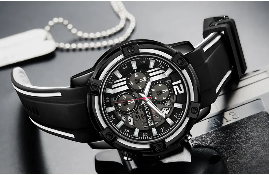 Megir Men's Sports Quartz Watches Army Military Chronograph Wristwatch for Man Luminous Relogios Masculino Clock 2097 Black Red
