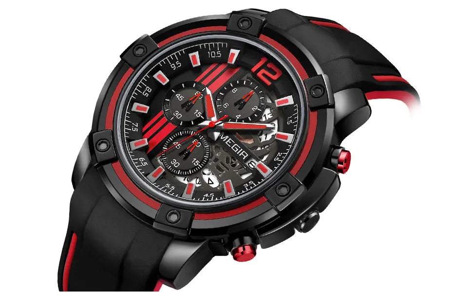 Megir Men's Sports Quartz Watches Army Military Chronograph Wristwatch for Man Luminous Relogios Masculino Clock 2097 Black Red