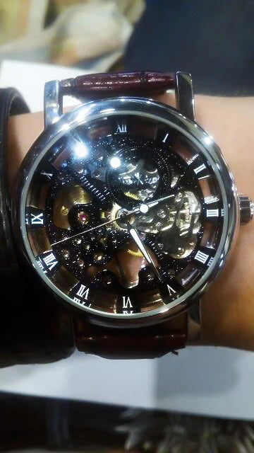 Winner Transparent Golden Case Luxury Casual Design Brown Leather Strap Mens Watches Top Brand Luxury Mechanical Skeleton Watch