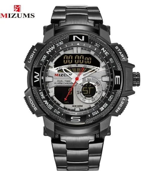 MIZUMS Military Wrist Watches LED Digital Sport Watch Men Gold Stainless Steel Dual Display Quartz Clock Man Relogio Masculino