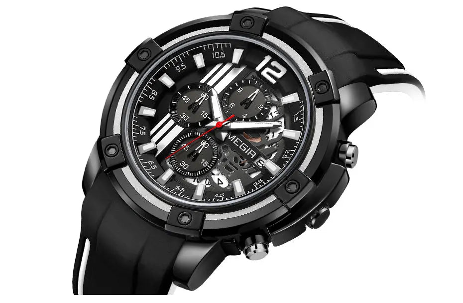 Megir Men's Sports Quartz Watches Army Military Chronograph Wristwatch for Man Luminous Relogios Masculino Clock 2097 Black Red