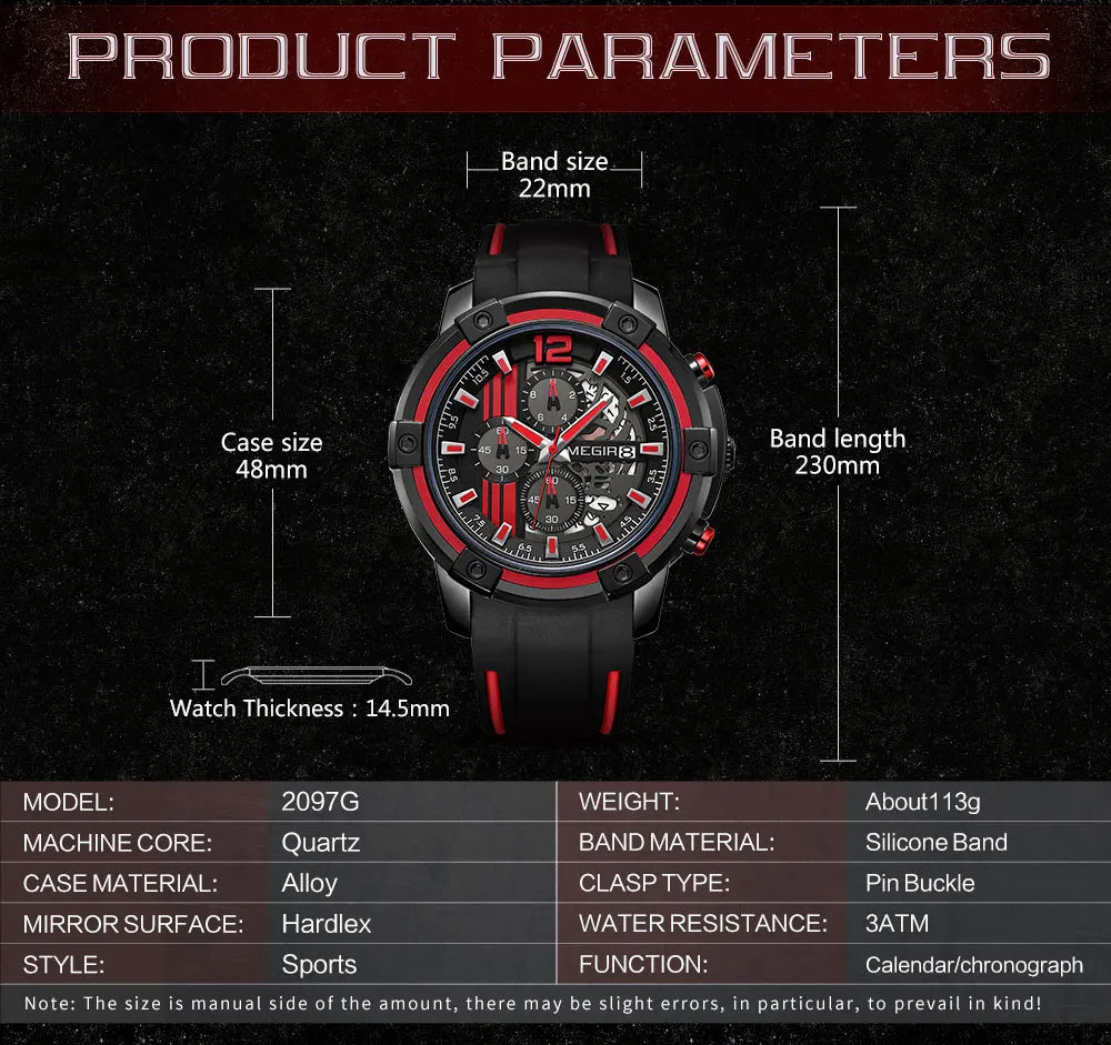 Megir Men's Sports Quartz Watches Army Military Chronograph Wristwatch for Man Luminous Relogios Masculino Clock 2097 Black Red