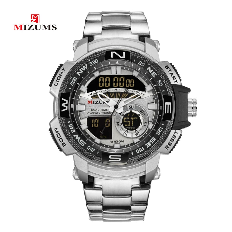 MIZUMS Military Wrist Watches LED Digital Sport Watch Men Gold Stainless Steel Dual Display Quartz Clock Man Relogio Masculino