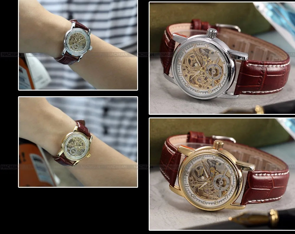 Men Wrist Watches Luxury Golden Skeleton Mechanical Steampunk Male Clock Automatic Wristwatch Leather Strap Herren Horloges