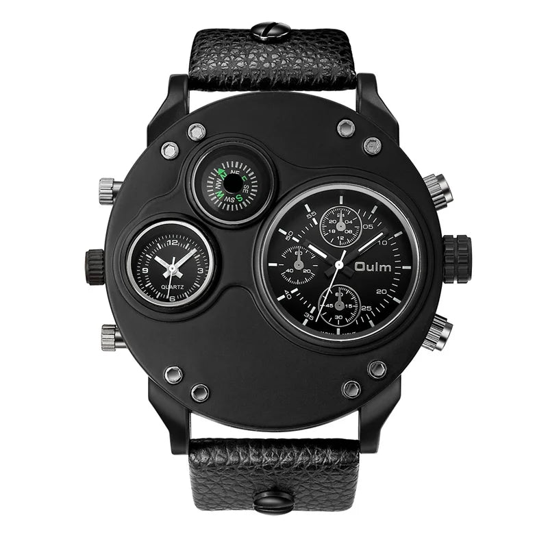 Oulm New Fashion Casual Sport Men's Watches Black Leather Dual Time Zone Wristwatch Male Quartz Big Size Luxury Military Watch