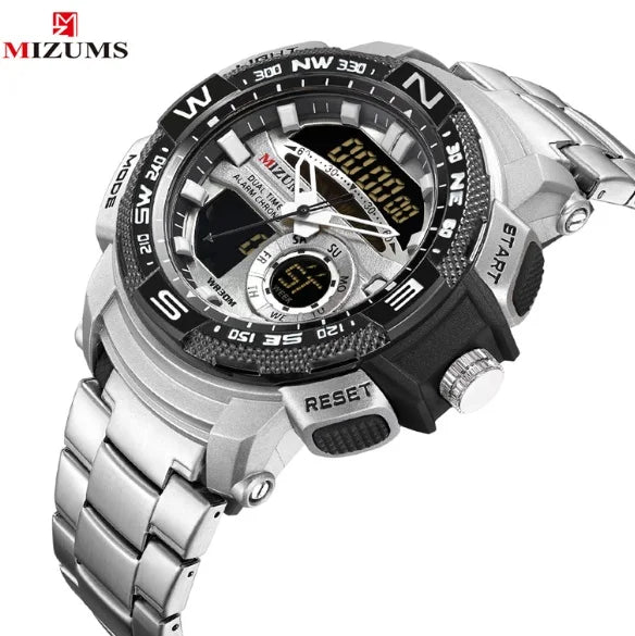 MIZUMS Military Wrist Watches LED Digital Sport Watch Men Gold Stainless Steel Dual Display Quartz Clock Man Relogio Masculino