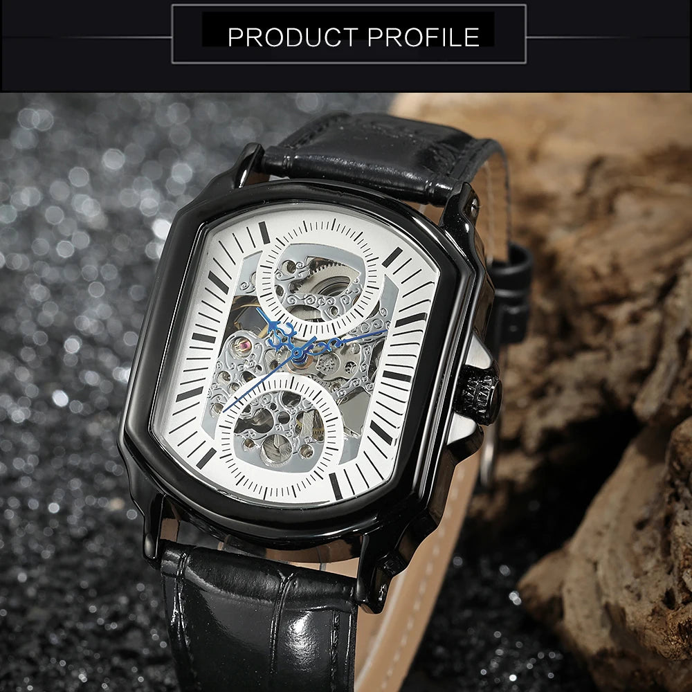 Luxury Mens Watches Tonneau Silver Transparent Skeleton Watch for Men Mechanical Hollow Out Wristwatches Stainless Steel Strap