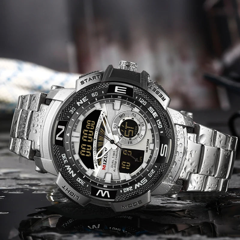 MIZUMS Military Wrist Watches LED Digital Sport Watch Men Gold Stainless Steel Dual Display Quartz Clock Man Relogio Masculino