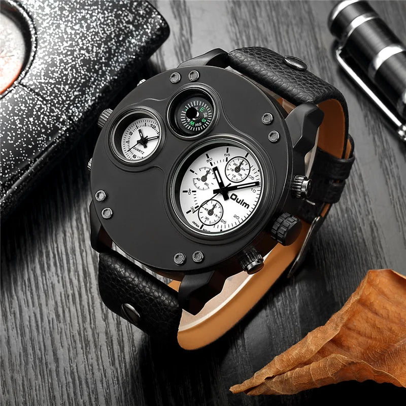 Oulm New Fashion Casual Sport Men's Watches Black Leather Dual Time Zone Wristwatch Male Quartz Big Size Luxury Military Watch