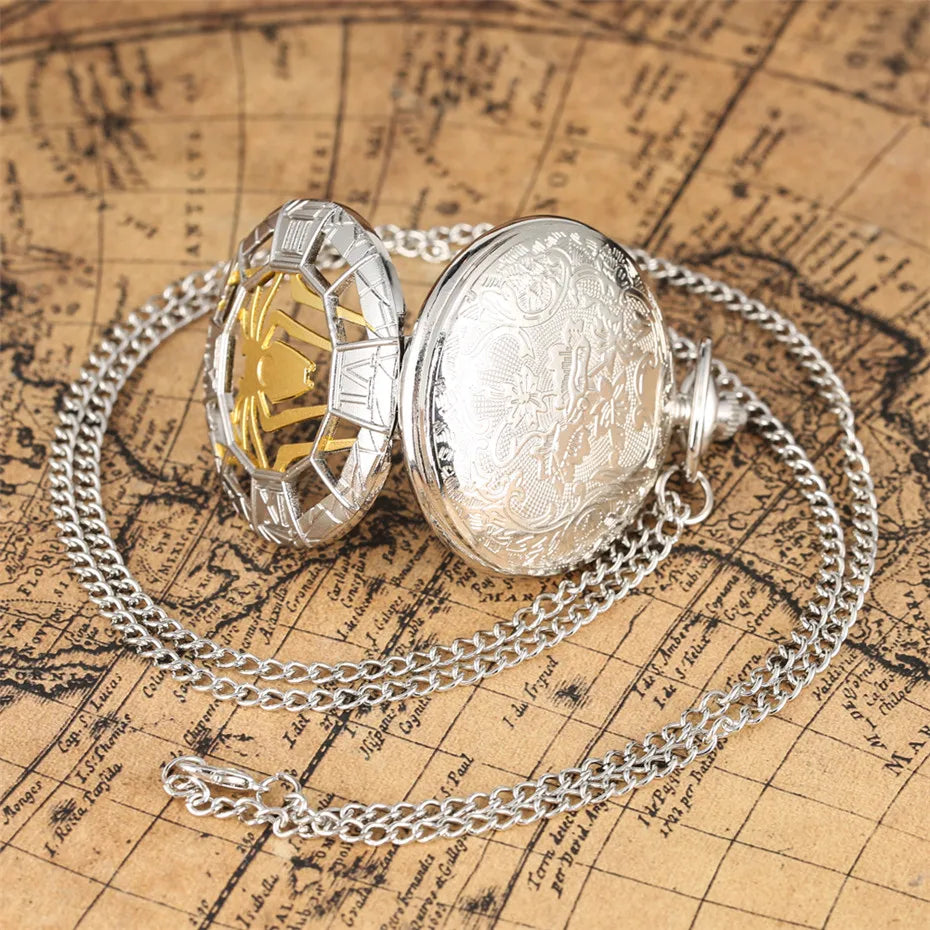 Gold Hollow Spider Design Quartz Pocket Watch Silver Half Hunter Pendant Necklace Clock Best Gifts Boys Men Women New 2019
