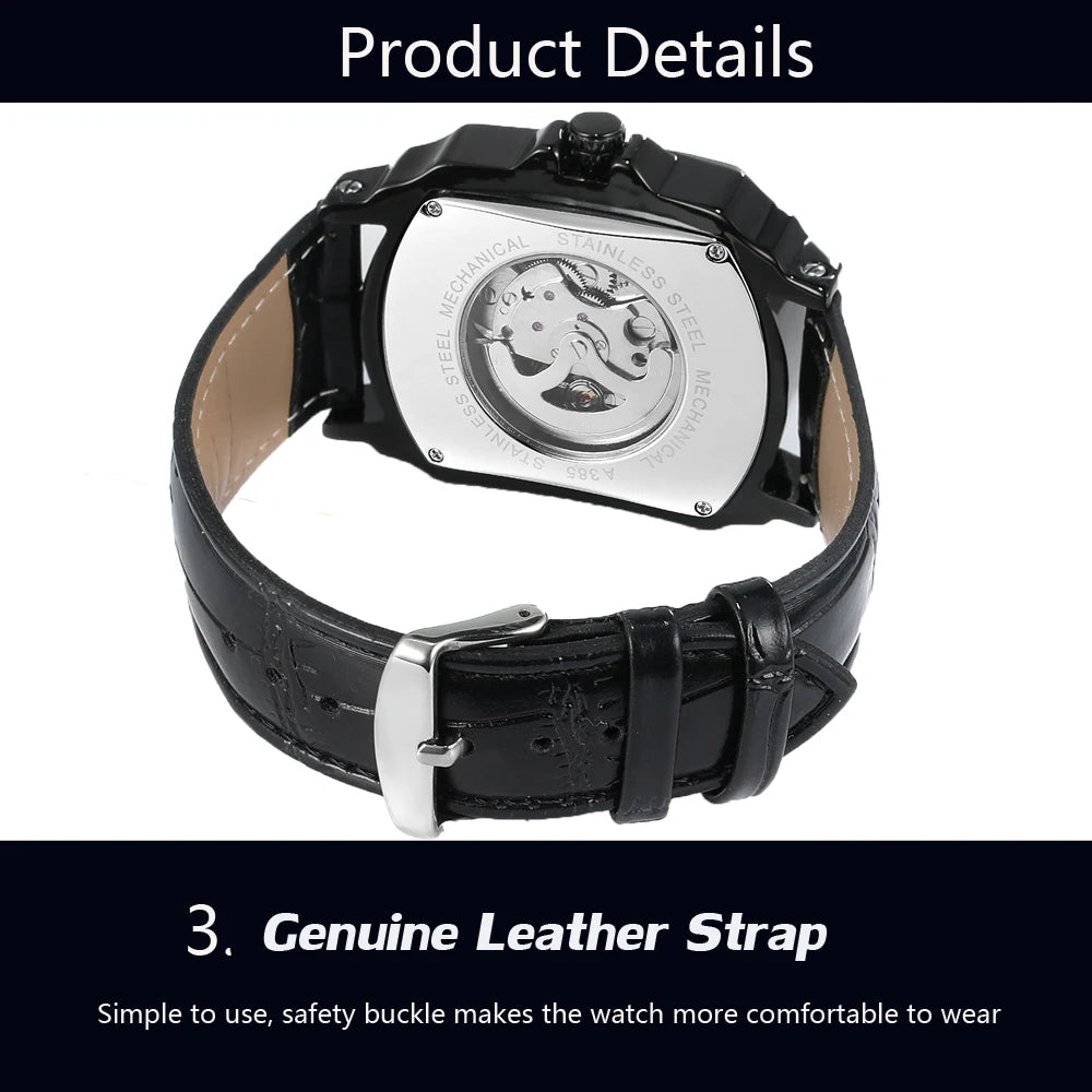 Luxury Mens Watches Tonneau Silver Transparent Skeleton Watch for Men Mechanical Hollow Out Wristwatches Stainless Steel Strap