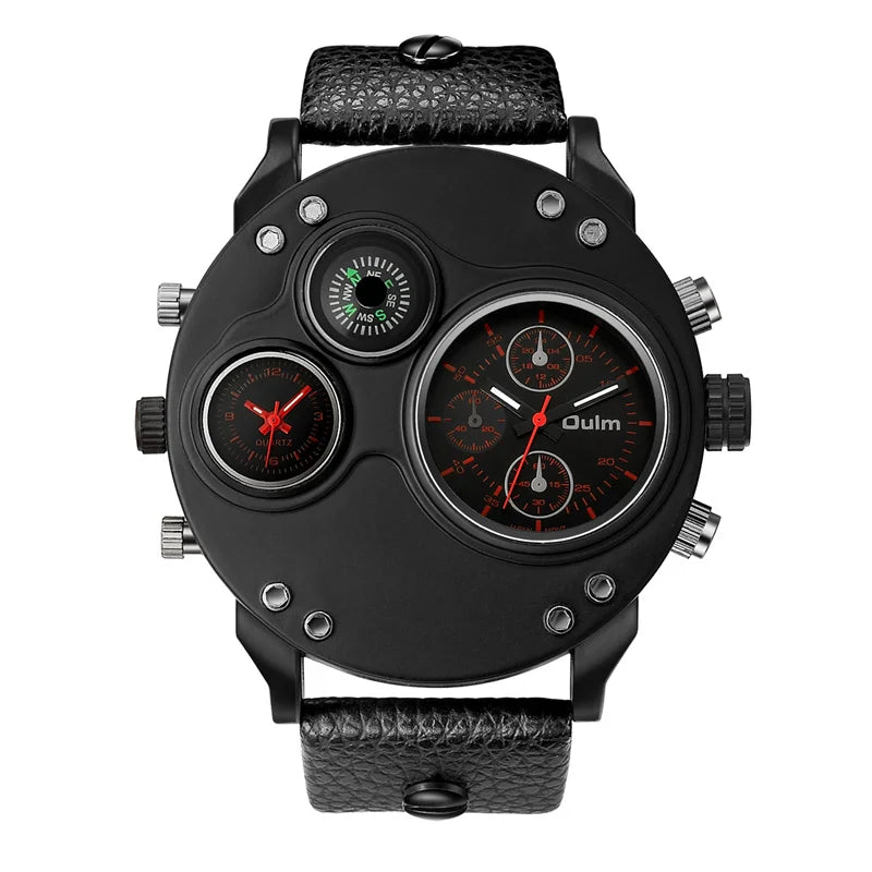Oulm New Fashion Casual Sport Men's Watches Black Leather Dual Time Zone Wristwatch Male Quartz Big Size Luxury Military Watch