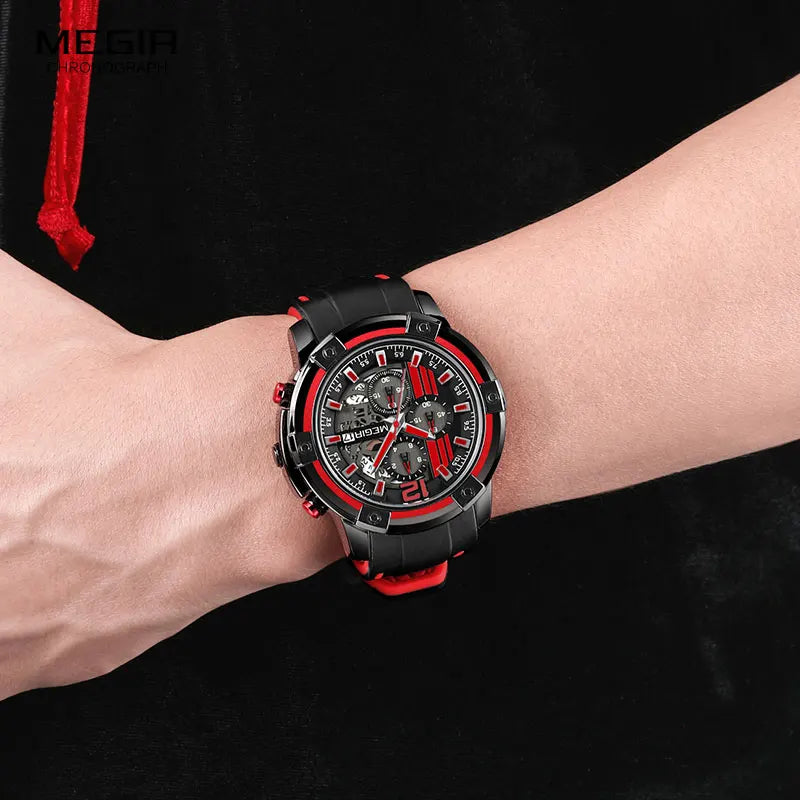 Megir Men's Sports Quartz Watches Army Military Chronograph Wristwatch for Man Luminous Relogios Masculino Clock 2097 Black Red