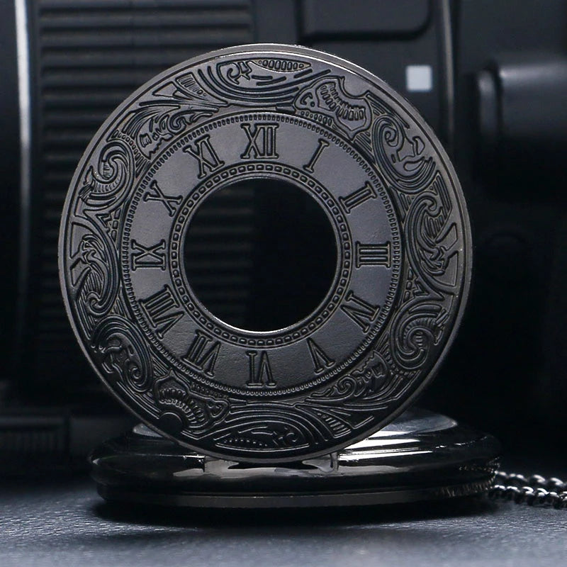 Vintage Charm Black Unisex Fashion Roman Number Quartz Steampunk Pocket Watch Women Man Necklace Pendant with Chain Gifts P427