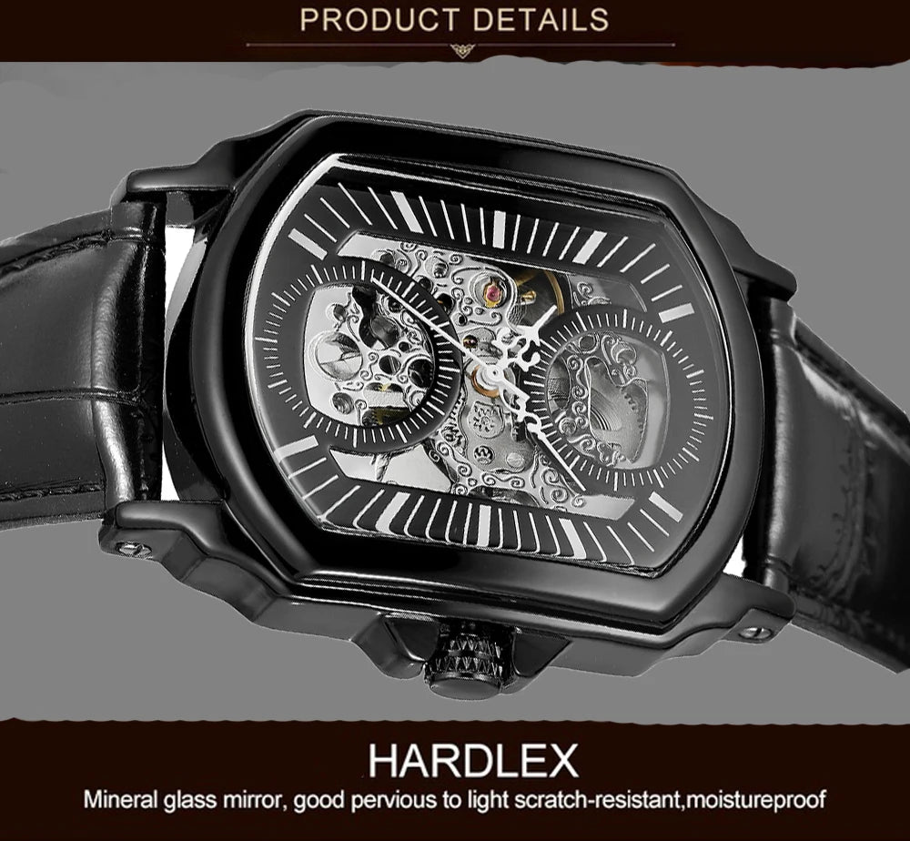 Luxury Mens Watches Tonneau Silver Transparent Skeleton Watch for Men Mechanical Hollow Out Wristwatches Stainless Steel Strap
