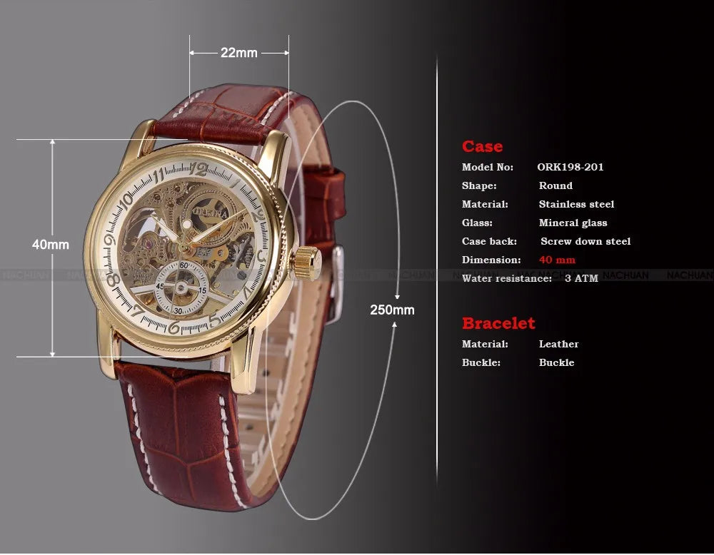 Men Wrist Watches Luxury Golden Skeleton Mechanical Steampunk Male Clock Automatic Wristwatch Leather Strap Herren Horloges