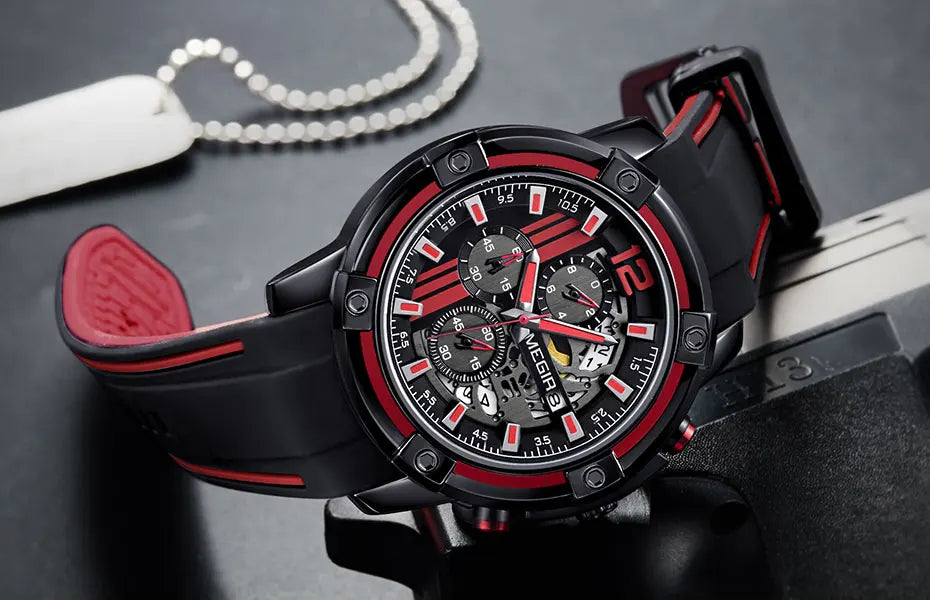 Megir Men's Sports Quartz Watches Army Military Chronograph Wristwatch for Man Luminous Relogios Masculino Clock 2097 Black Red