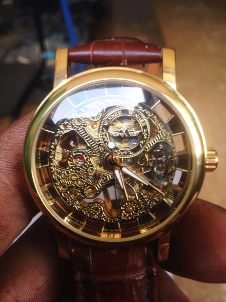 Winner Transparent Golden Case Luxury Casual Design Brown Leather Strap Mens Watches Top Brand Luxury Mechanical Skeleton Watch