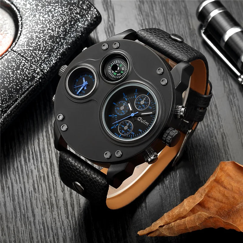 Oulm New Fashion Casual Sport Men's Watches Black Leather Dual Time Zone Wristwatch Male Quartz Big Size Luxury Military Watch