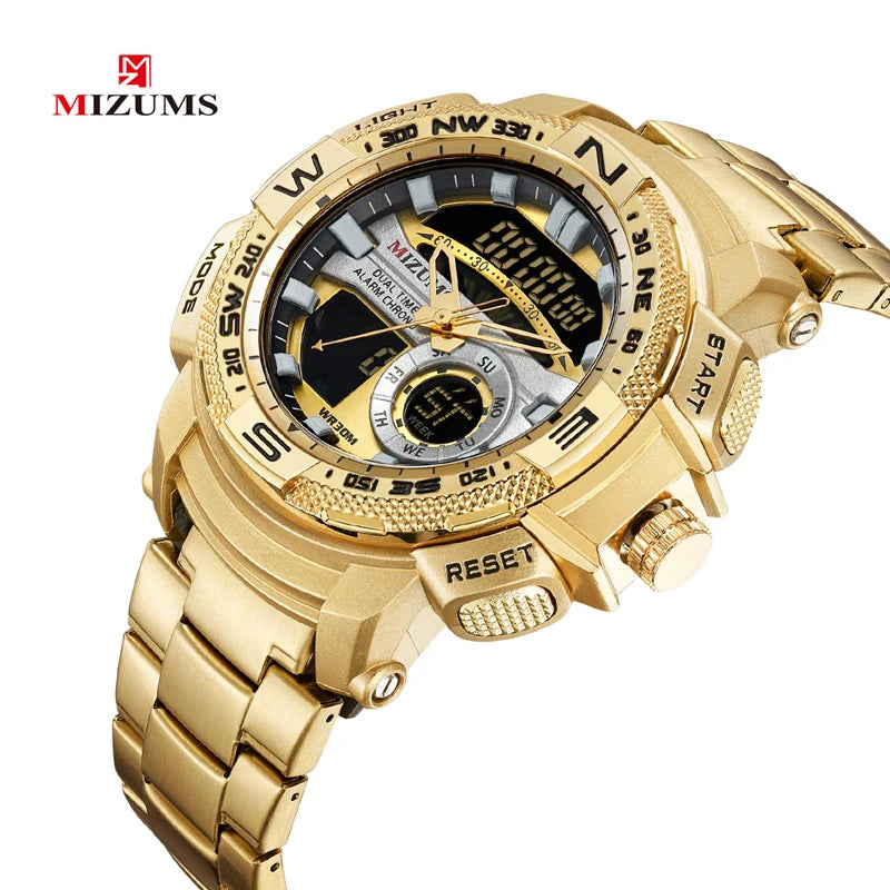 MIZUMS Military Wrist Watches LED Digital Sport Watch Men Gold Stainless Steel Dual Display Quartz Clock Man Relogio Masculino