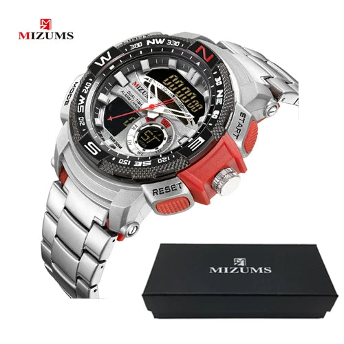 MIZUMS Military Wrist Watches LED Digital Sport Watch Men Gold Stainless Steel Dual Display Quartz Clock Man Relogio Masculino