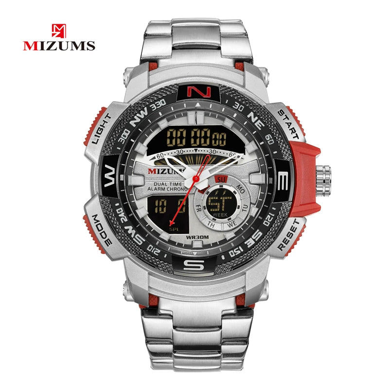 MIZUMS Military Wrist Watches LED Digital Sport Watch Men Gold Stainless Steel Dual Display Quartz Clock Man Relogio Masculino