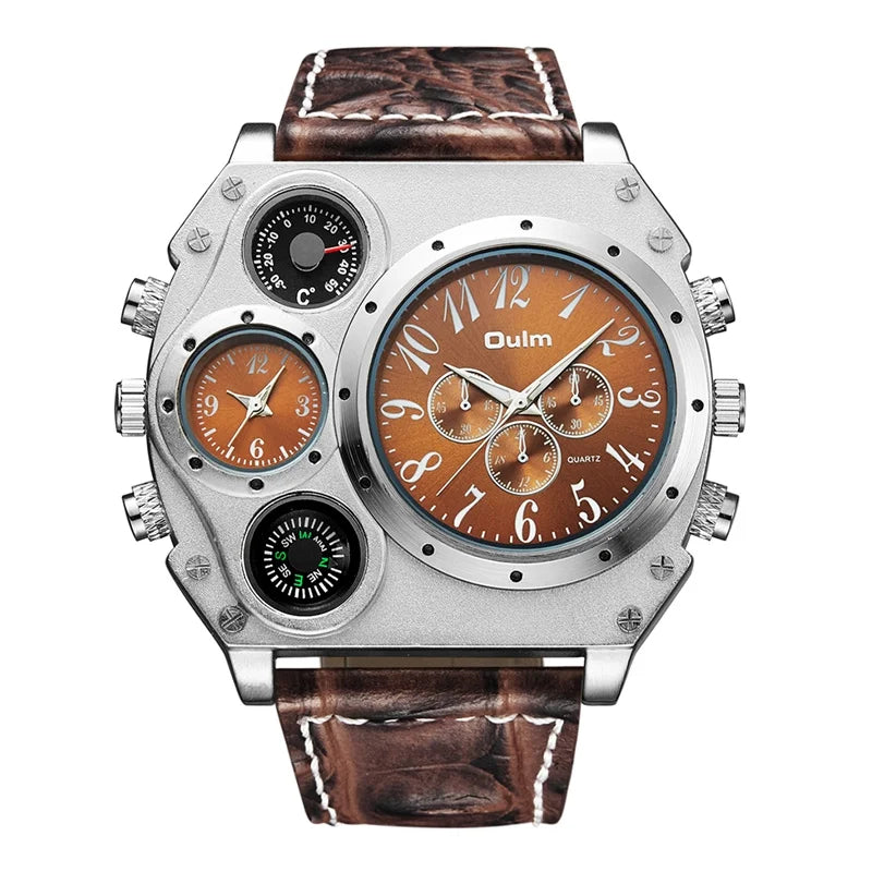 OULM Watch Men Quartz Sport Leather Strap Watches Big Dial Military Wristwatch Mens Clock Compass Decoration reloj hombre 2023