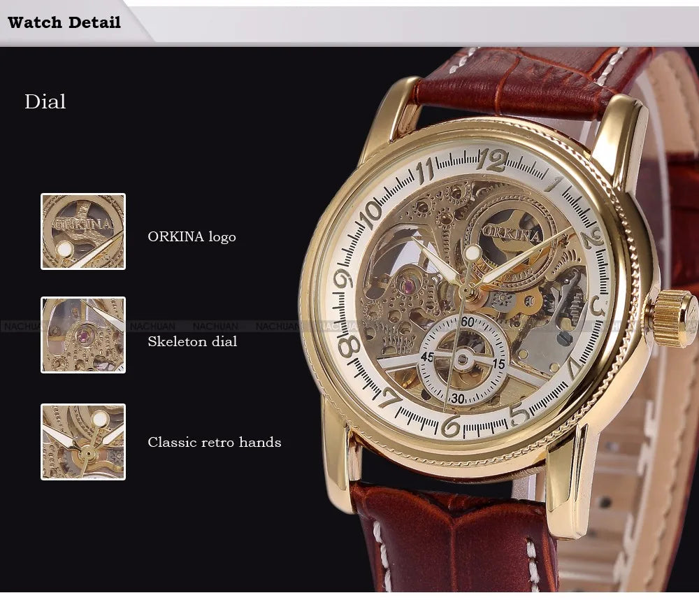 Men Wrist Watches Luxury Golden Skeleton Mechanical Steampunk Male Clock Automatic Wristwatch Leather Strap Herren Horloges