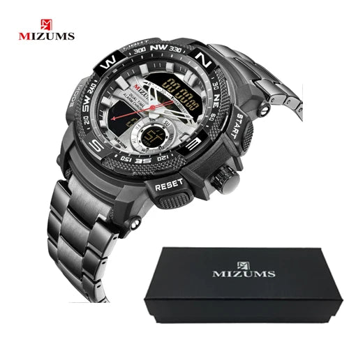MIZUMS Military Wrist Watches LED Digital Sport Watch Men Gold Stainless Steel Dual Display Quartz Clock Man Relogio Masculino