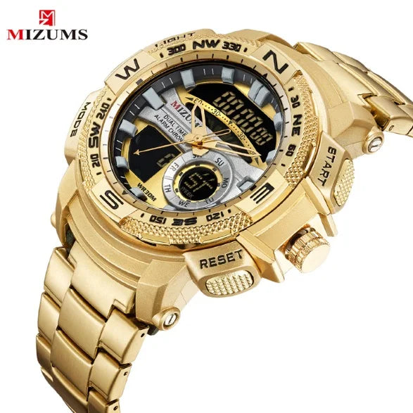 MIZUMS Military Wrist Watches LED Digital Sport Watch Men Gold Stainless Steel Dual Display Quartz Clock Man Relogio Masculino
