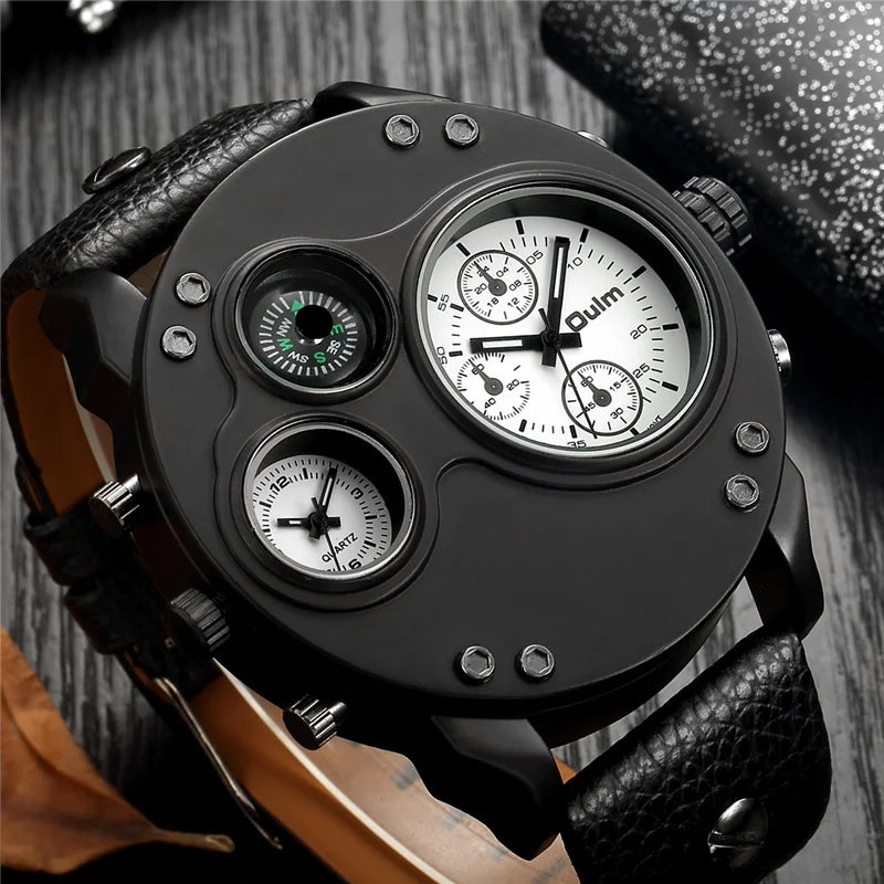 Oulm New Fashion Casual Sport Men's Watches Black Leather Dual Time Zone Wristwatch Male Quartz Big Size Luxury Military Watch