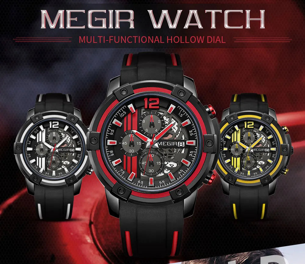 Megir Men's Sports Quartz Watches Army Military Chronograph Wristwatch for Man Luminous Relogios Masculino Clock 2097 Black Red