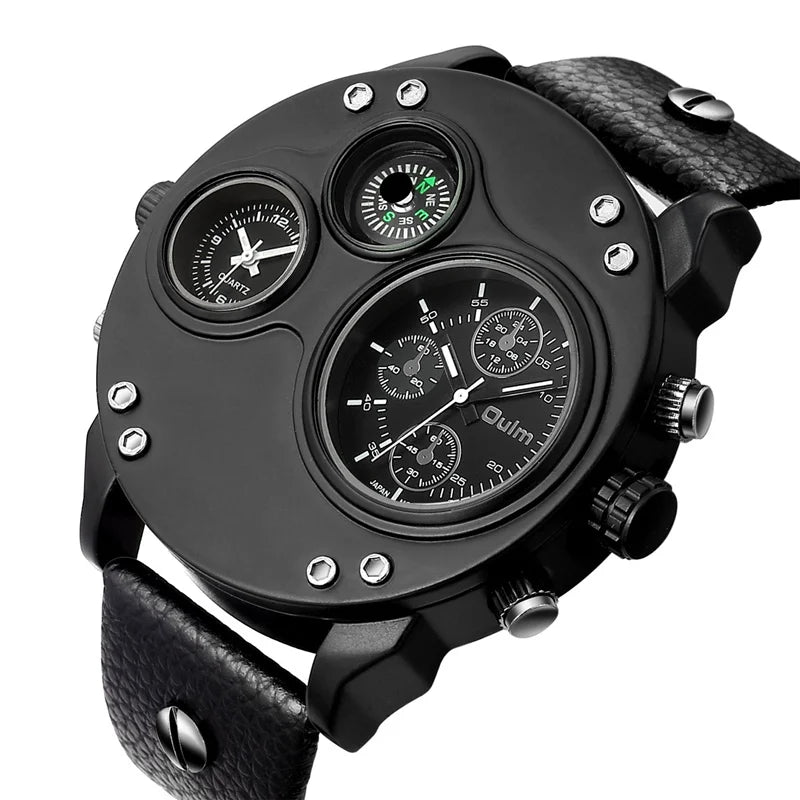 Oulm New Fashion Casual Sport Men's Watches Black Leather Dual Time Zone Wristwatch Male Quartz Big Size Luxury Military Watch