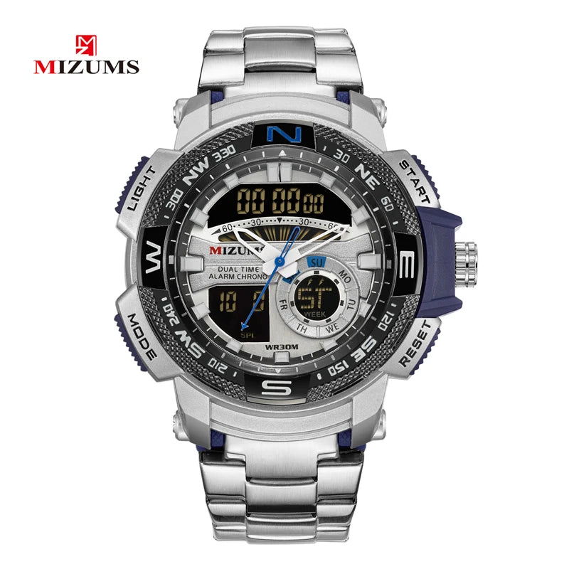 MIZUMS Military Wrist Watches LED Digital Sport Watch Men Gold Stainless Steel Dual Display Quartz Clock Man Relogio Masculino