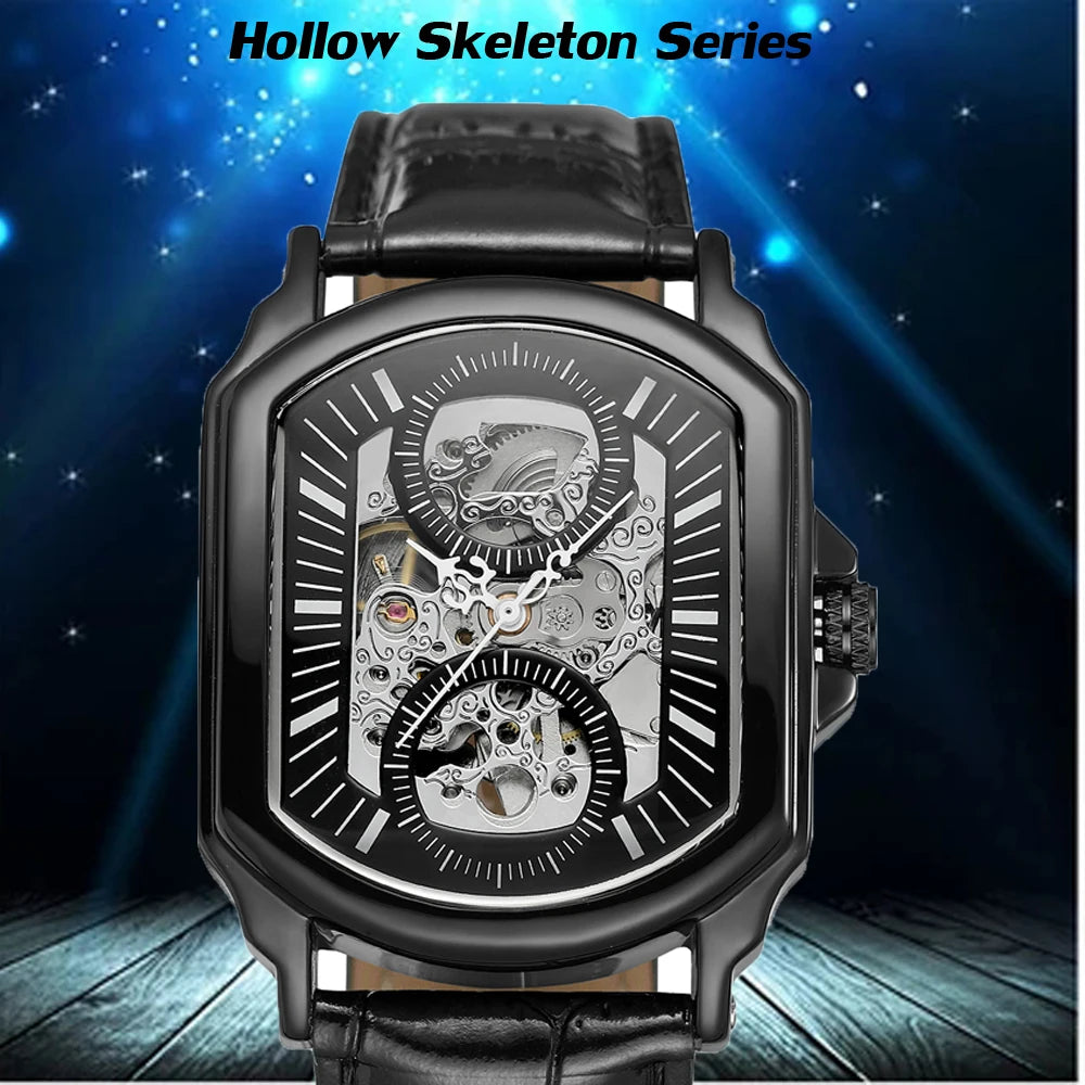Luxury Mens Watches Tonneau Silver Transparent Skeleton Watch for Men Mechanical Hollow Out Wristwatches Stainless Steel Strap