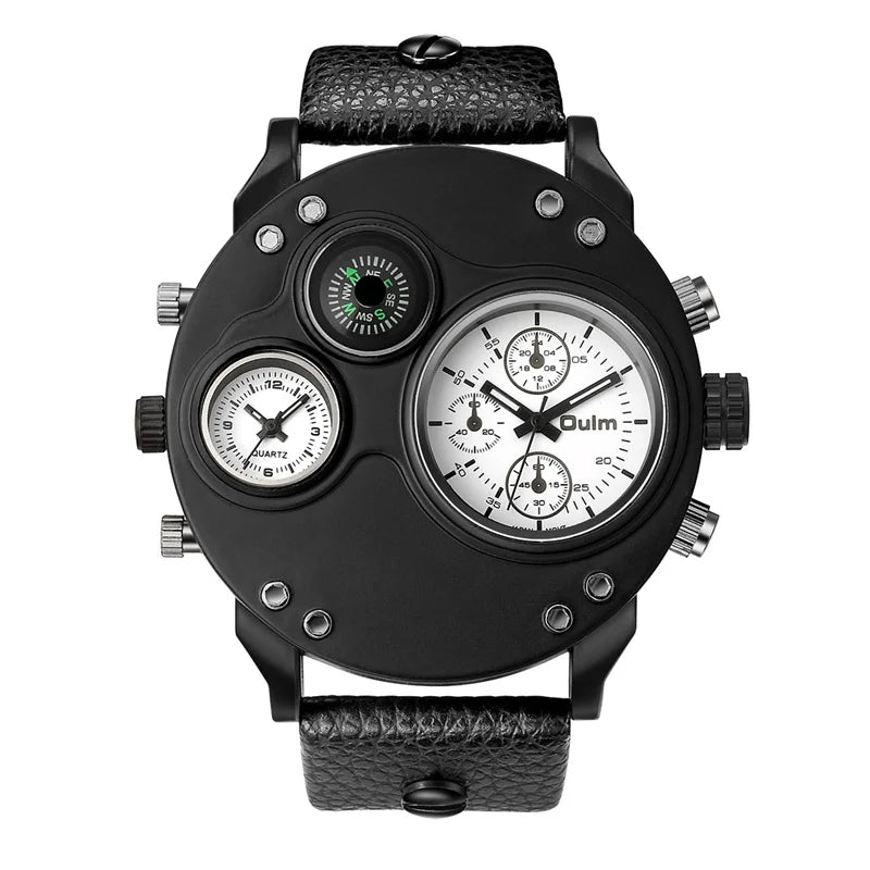 Oulm New Fashion Casual Sport Men's Watches Black Leather Dual Time Zone Wristwatch Male Quartz Big Size Luxury Military Watch