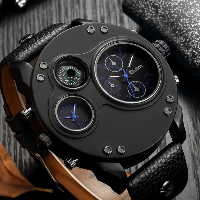 Oulm New Fashion Casual Sport Men's Watches Black Leather Dual Time Zone Wristwatch Male Quartz Big Size Luxury Military Watch