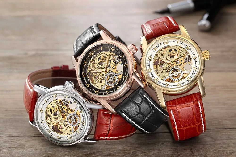 Men Wrist Watches Luxury Golden Skeleton Mechanical Steampunk Male Clock Automatic Wristwatch Leather Strap Herren Horloges