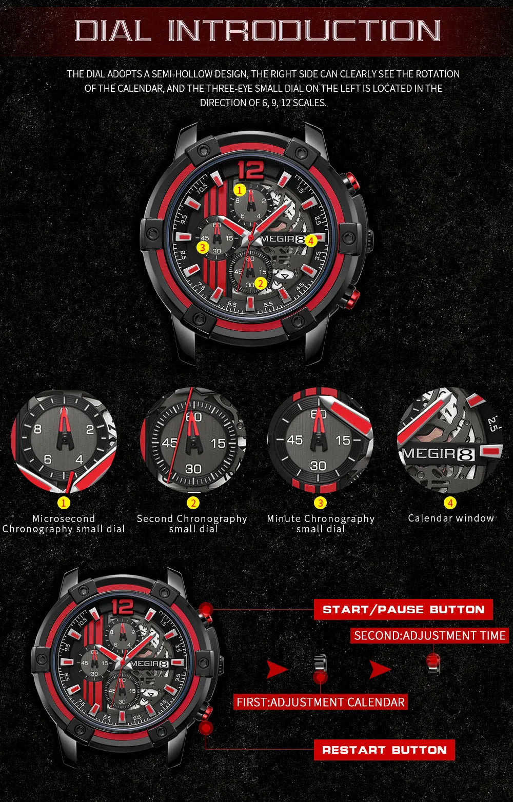 Megir Men's Sports Quartz Watches Army Military Chronograph Wristwatch for Man Luminous Relogios Masculino Clock 2097 Black Red